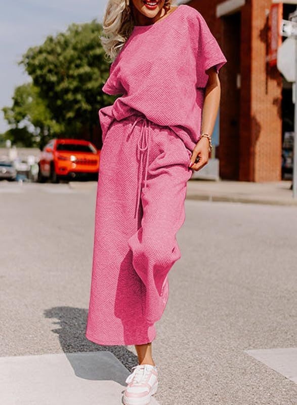 Bebepink-Hot pink Solid Texture Casual Wear Short-sleeved Trousers Two-piece Set