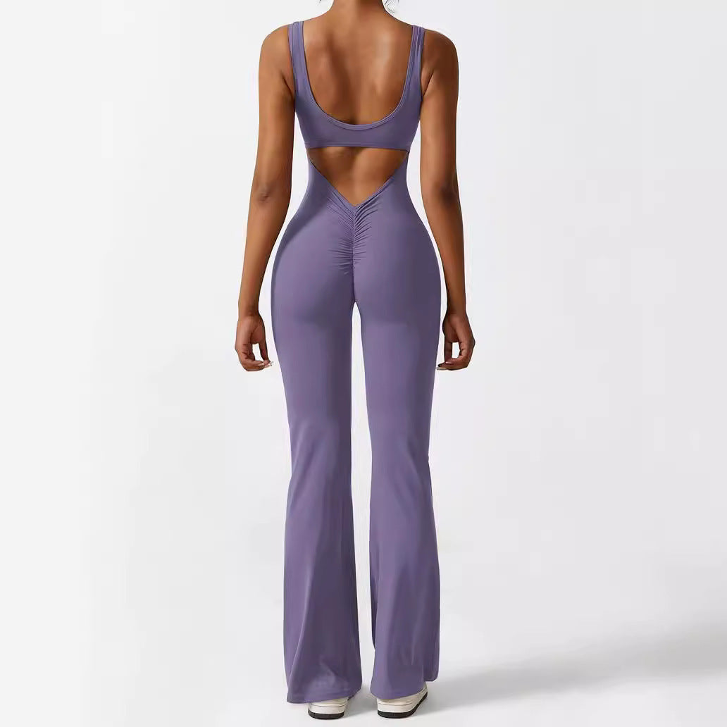 Bebepink-Women Sleeveless Flare Jumpsuits Fitness Yoga Long Pants