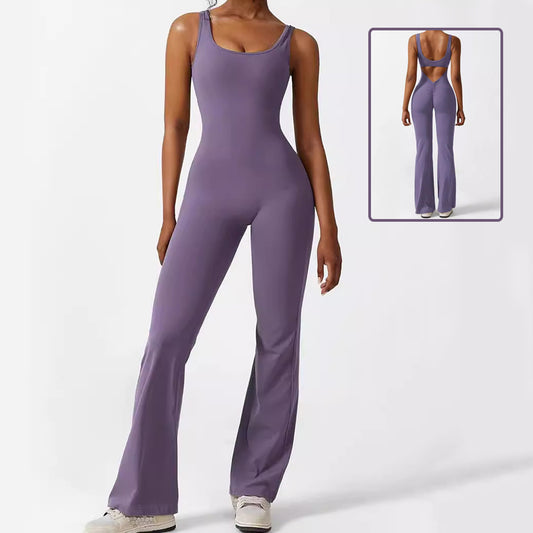 Bebepink-Women Sleeveless Flare Jumpsuits Fitness Yoga Long Pants