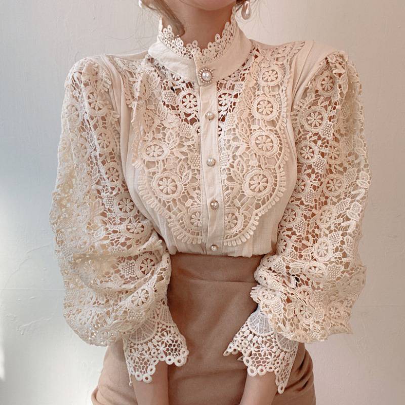 Bebepink-Women Design Palace Style Blouse Lace Stand-up Collar Long-sleeved Shirt