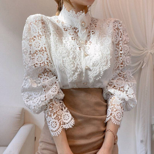 Bebepink-Women Design Palace Style Blouse Lace Stand-up Collar Long-sleeved Shirt