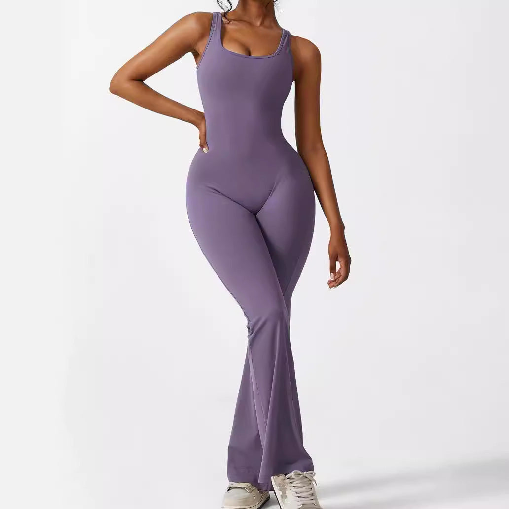 Bebepink-Women Sleeveless Flare Jumpsuits Fitness Yoga Long Pants