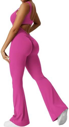 Bebepink-Women Sleeveless Flare Jumpsuits Fitness Yoga Long Pants
