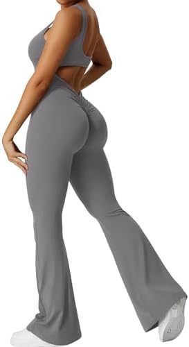 Bebepink-Women Sleeveless Flare Jumpsuits Fitness Yoga Long Pants