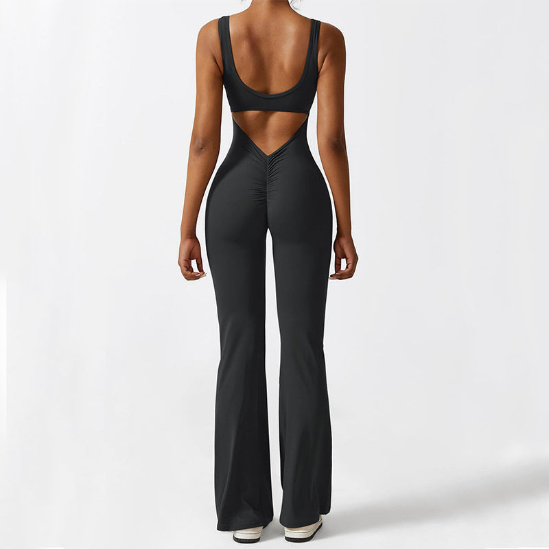 Bebepink-Women Sleeveless Flare Jumpsuits Fitness Yoga Long Pants