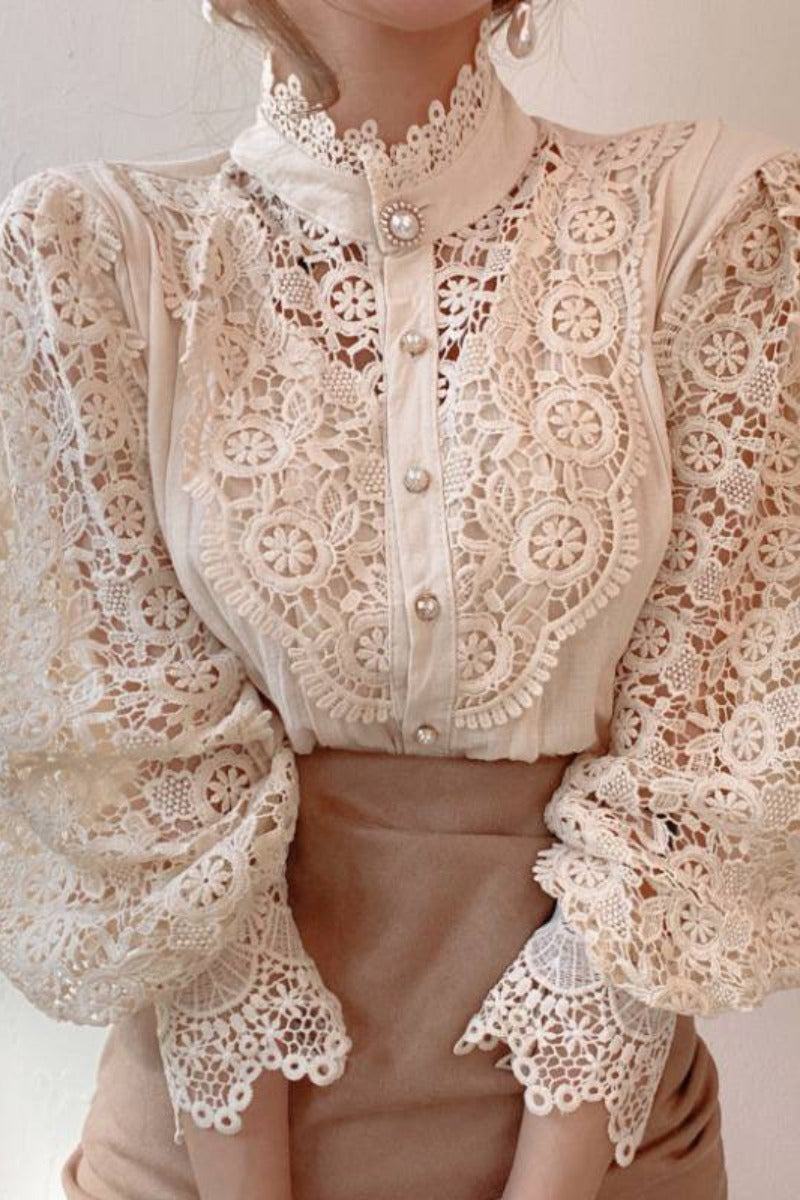 Bebepink-Women Design Palace Style Blouse Lace Stand-up Collar Long-sleeved Shirt