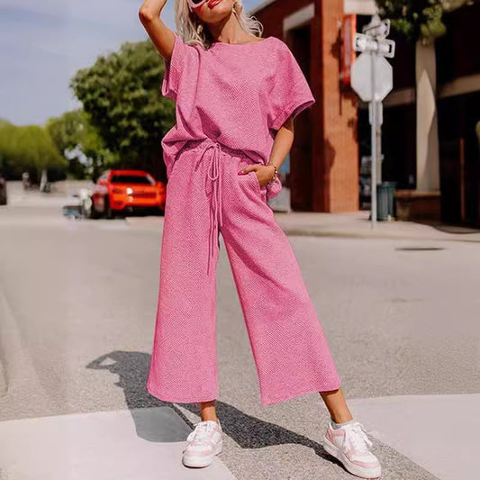 Bebepink-Hot pink Solid Texture Casual Wear Short-sleeved Trousers Two-piece Set