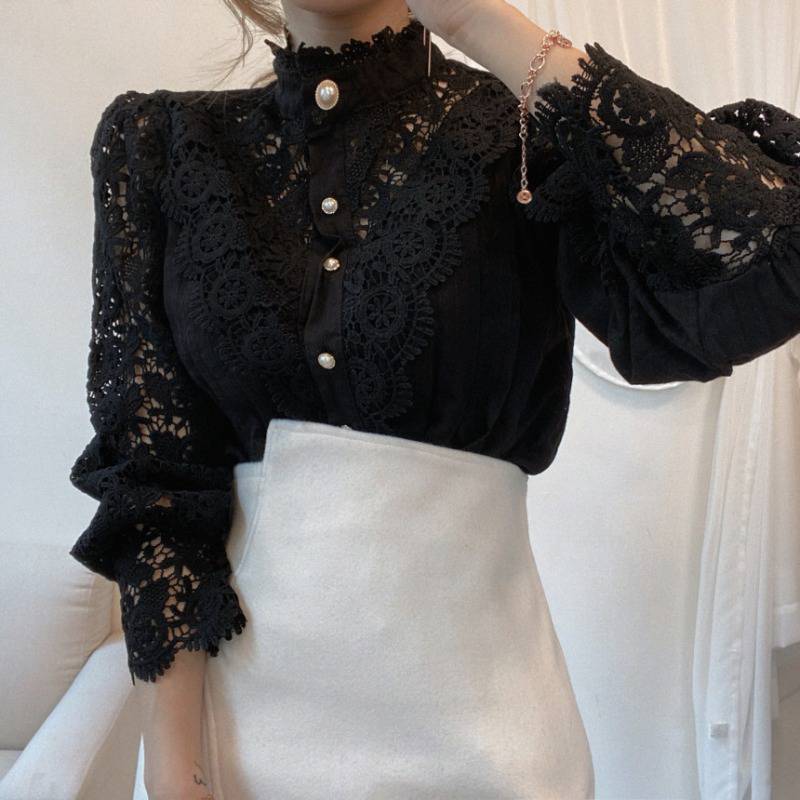 Bebepink-Women Design Palace Style Blouse Lace Stand-up Collar Long-sleeved Shirt