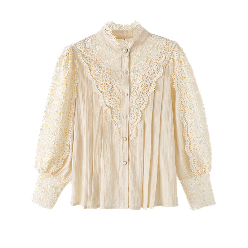 Bebepink-Women Design Palace Style Blouse Lace Stand-up Collar Long-sleeved Shirt
